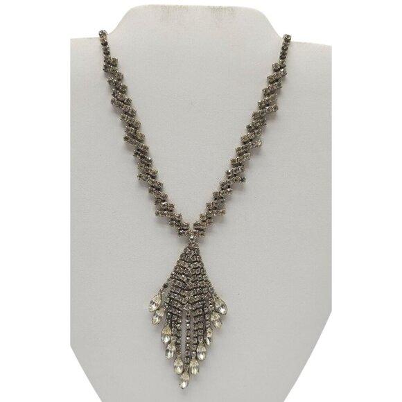 Vintage Rhinestone Fringe Necklace 17" Silver Tone Statement Piece For Women - Picture 1 of 9